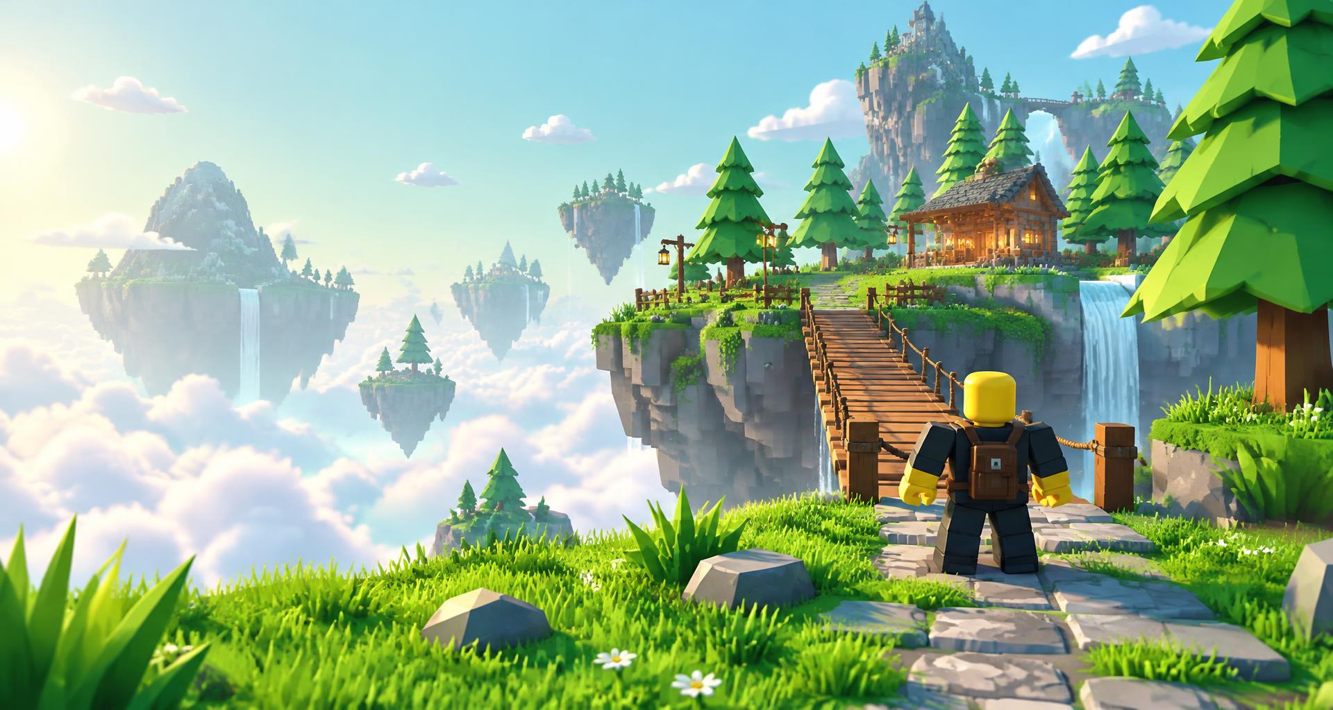 An imagined Roblox-style world with floating islands, a wooden bridge, and a blocky adventurer